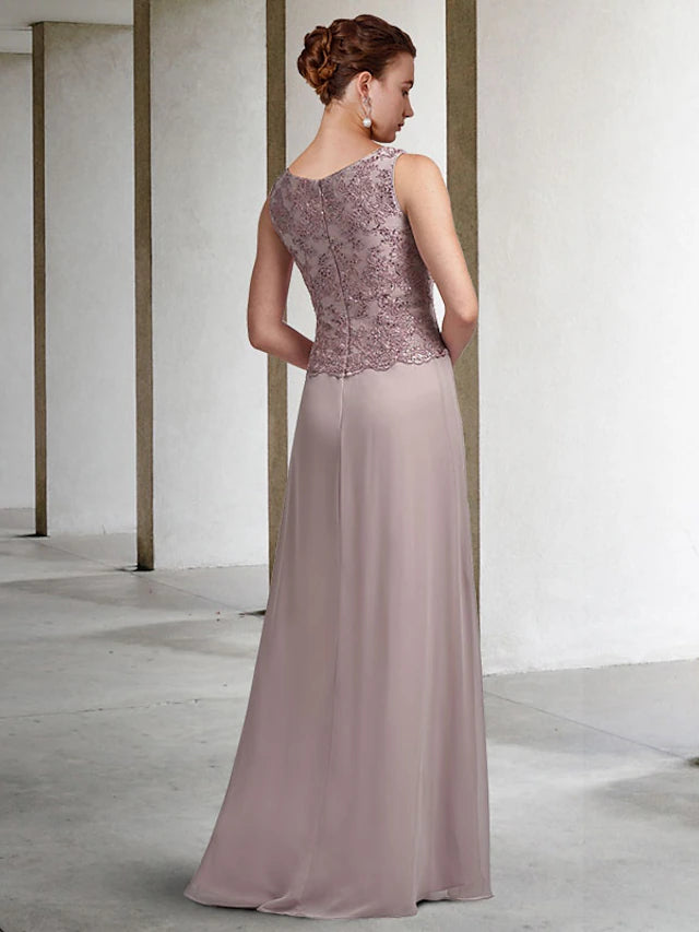 Zweiteiliges Etuikleid/Säulenkleid für die Brautmutter in Übergröße, eleganter Rundhalsausschnitt, bodenlang, ärmelloses Wickelkleid aus Chiffon und Spitze mit Paillettenapplikationen